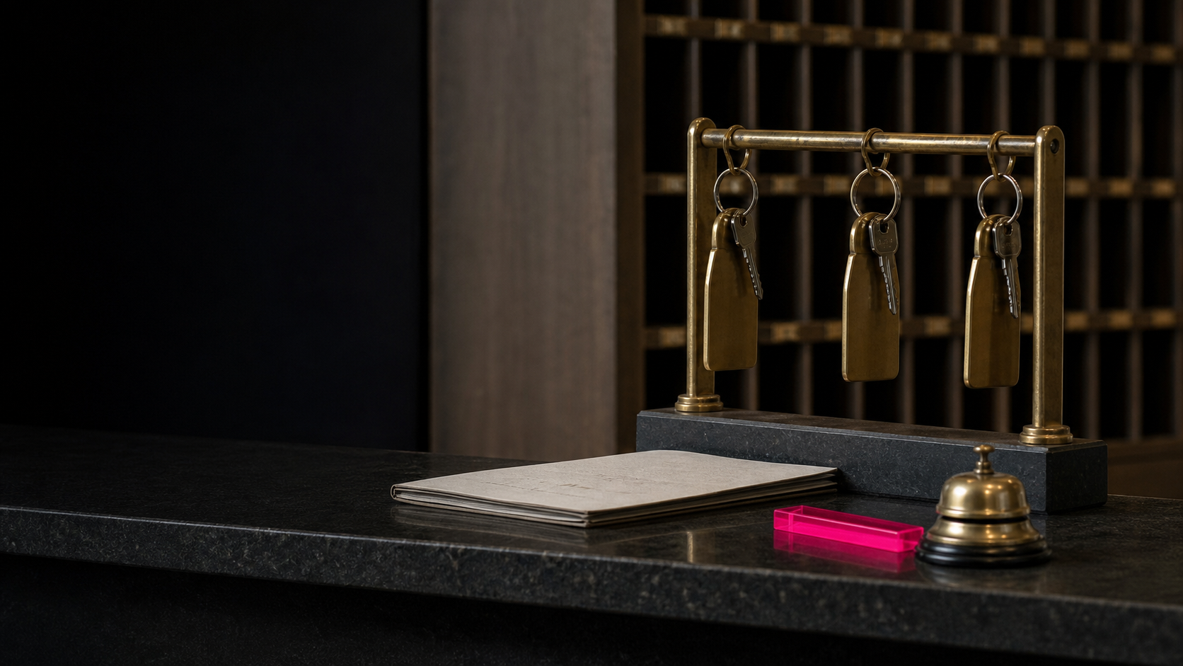 Brass keys and a service bell on a dark reception desk