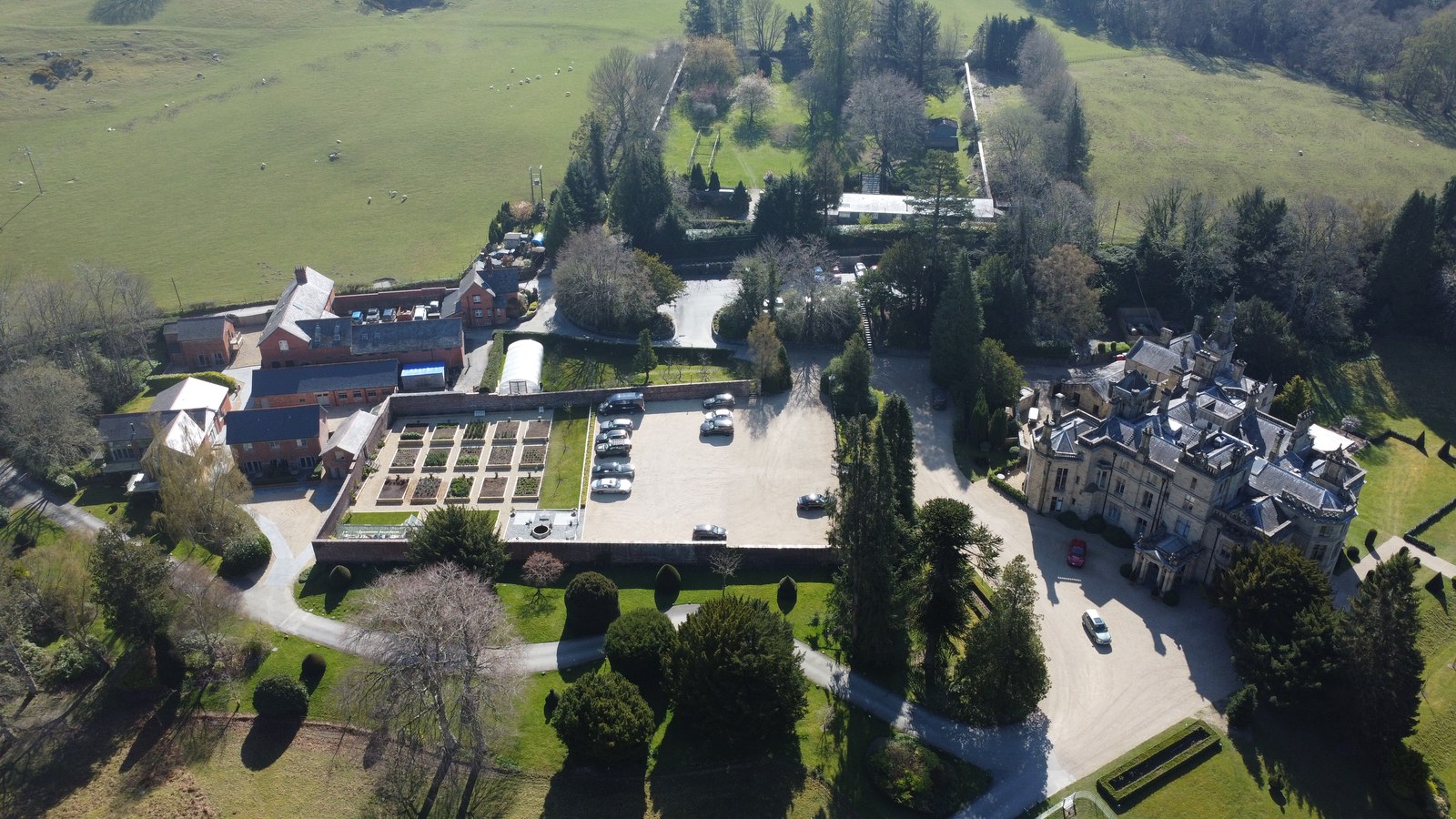 The wider Palé Hall estate and parkland from the air